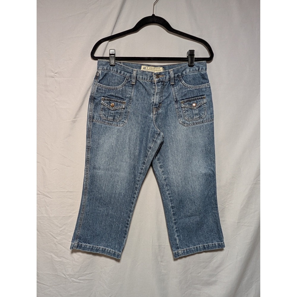 American Eagle Medium Wash Y2K Cropped Cotton Jeans Utility Pockets Women's 8